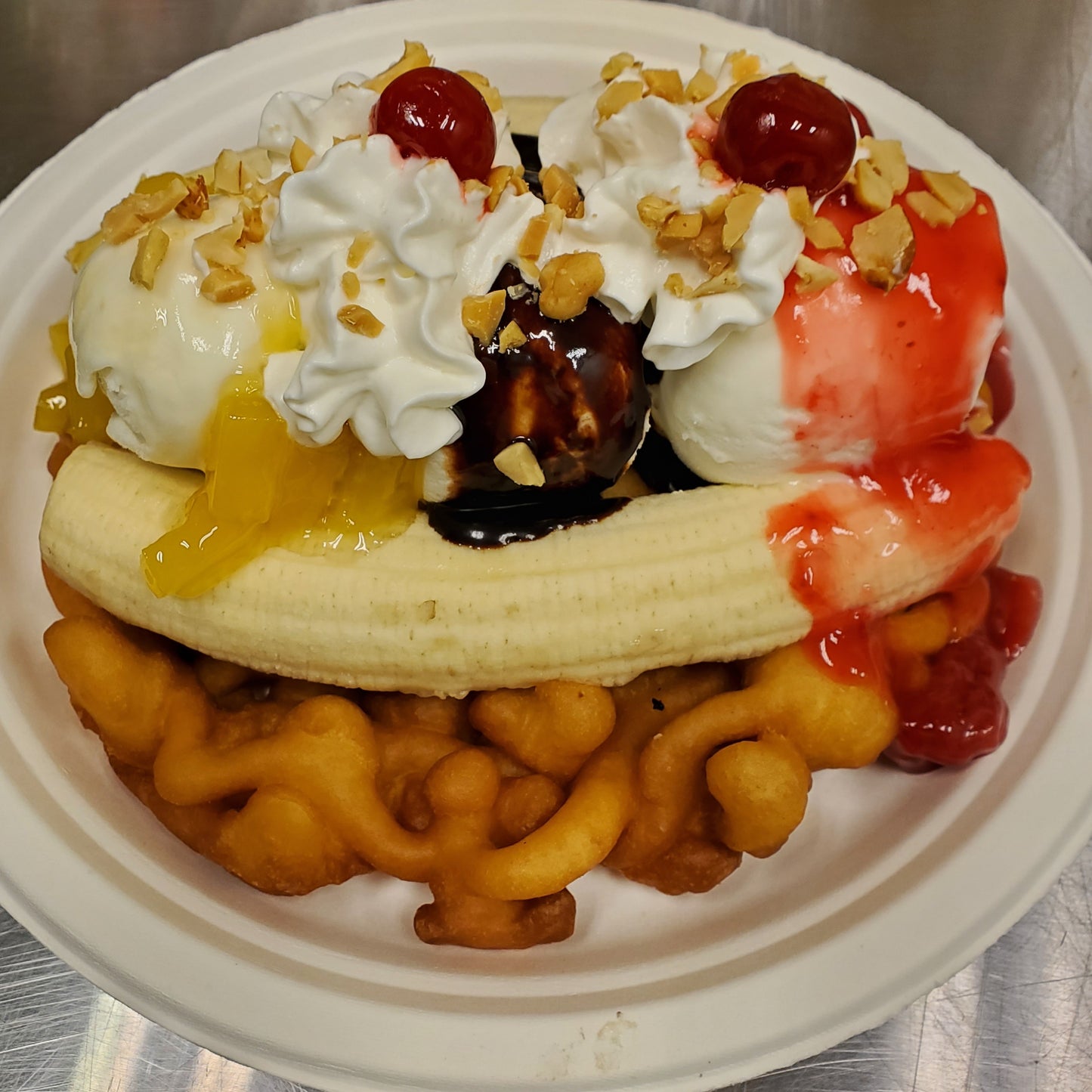 Banana split funnel cake